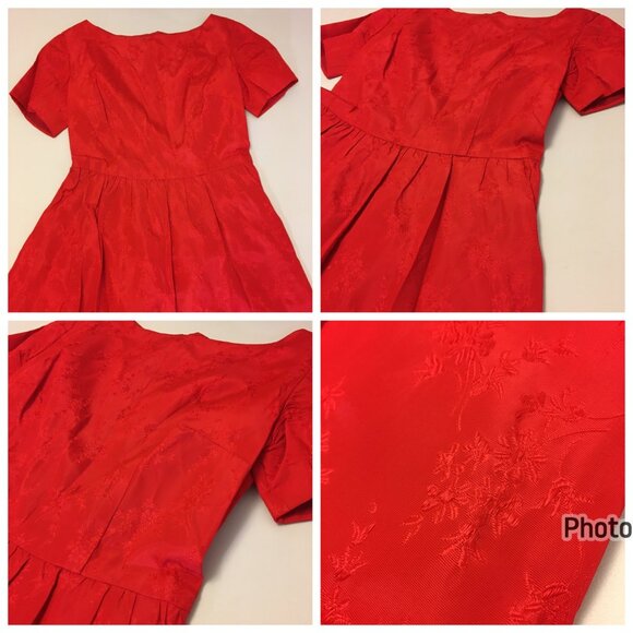 Vintage 50s Red Brocade Cocktail Party Dress Christmas Holidays MCM (IB) - Picture 2 of 16